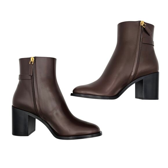 Valentino Garavani Vlogo Ankle Boot Block Heel Brown Leather Gold Size 39 US 9 - Picture 5 of 12